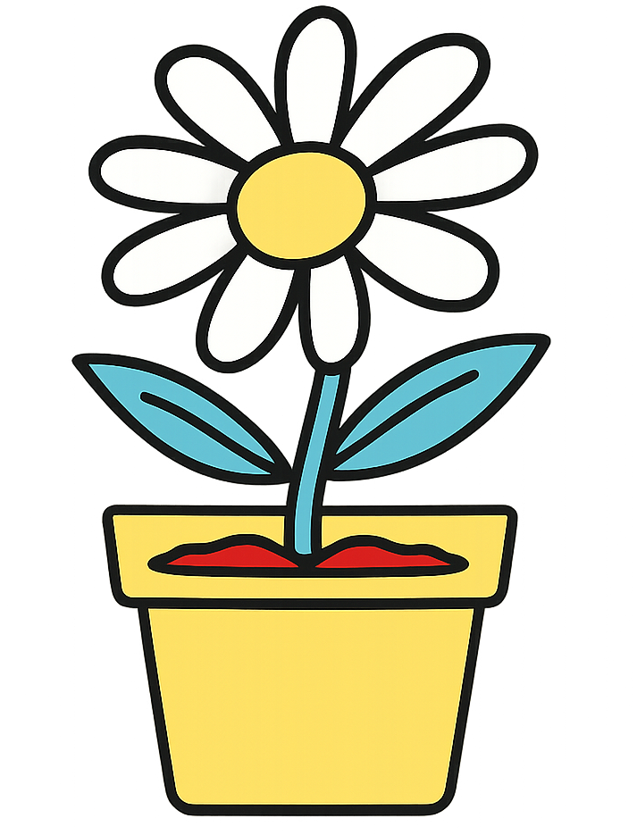 A cartoon daisy flower with white petals and a yellow center in a yellow pot, with two blue-green leaves and red soil.