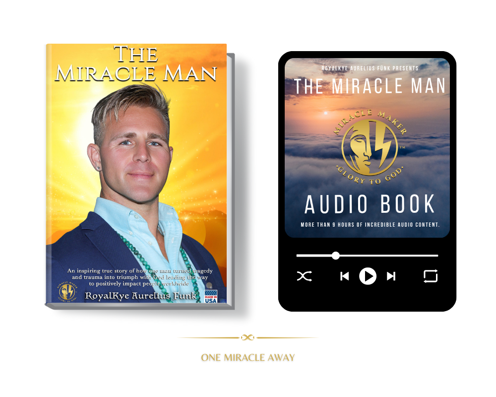 Book titled "The Miracle Man" featuring a man with gray hair wearing a blue suit and light blue shirt, with a background of radiant yellow and orange light; next to a digital device displaying an audiobook cover with a sky and cloud background, gold emblem, and media controls, with the text "One Miracle Away."