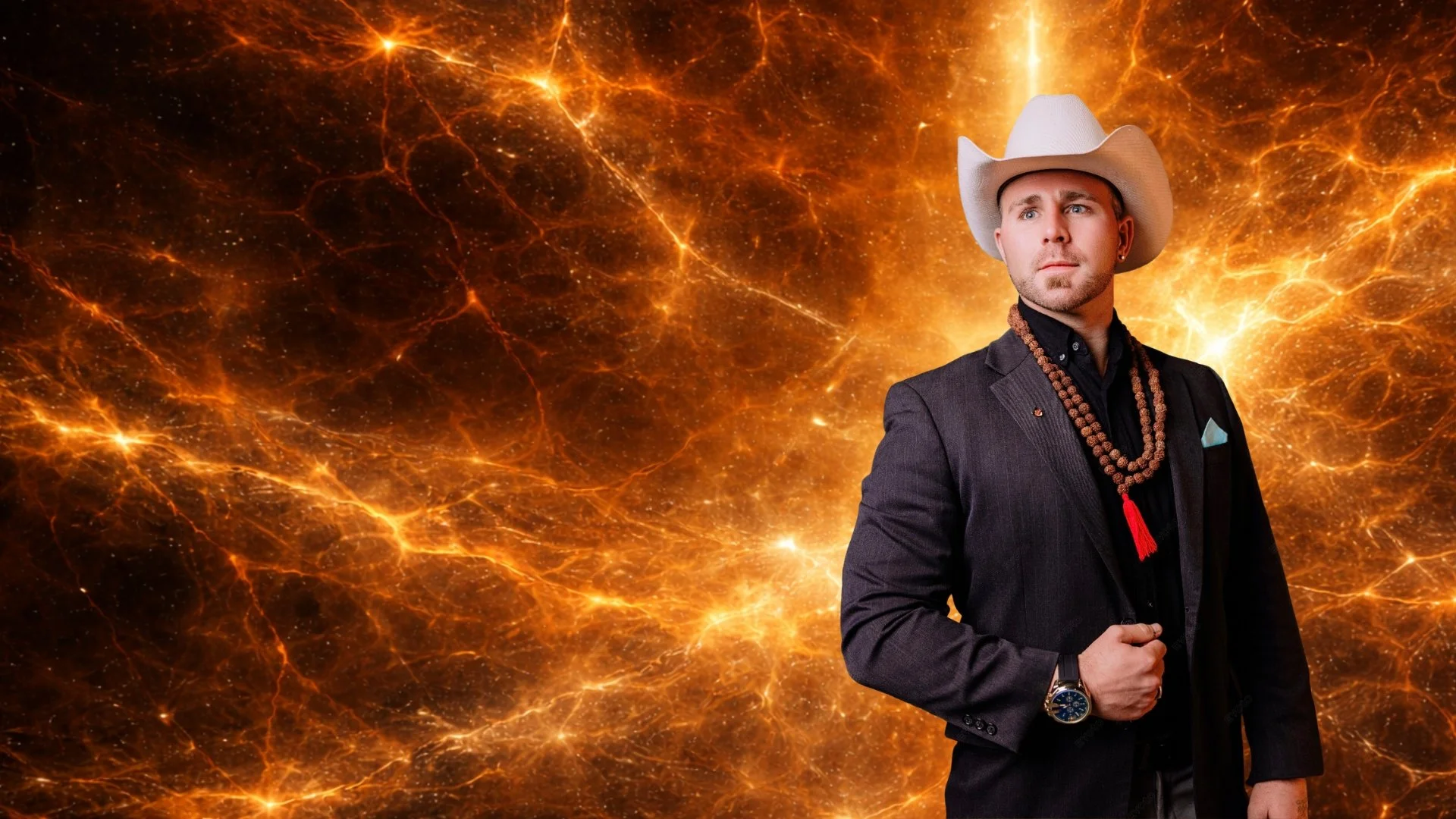 RoyalKye dressed in a dark suit with a black shirt layered underneath, wearing a white cowboy hat, multicolored beads necklace with a red tassel, a wristwatch, and a pocket square, stands against a vibrant fiery orange and yellow cosmic background.