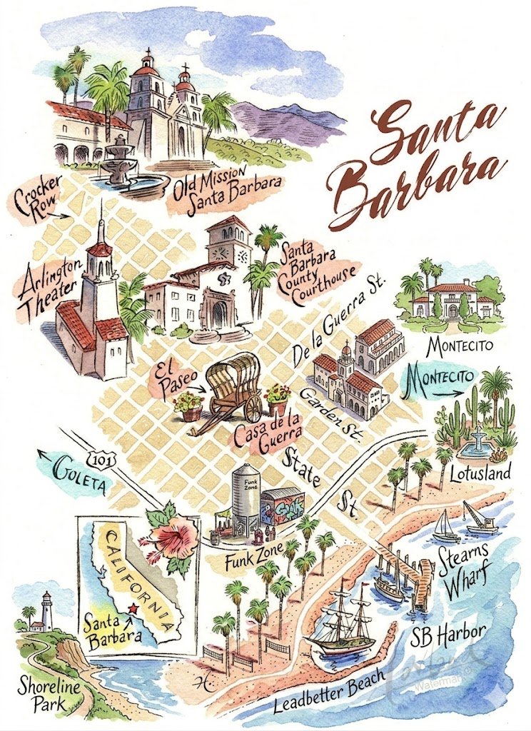 Map of Santa Barbara, California featuring landmarks like the Old Mission, Santa Barbara Courthouse, and Stearns Wharf, with illustrations of beaches, parks, and ships.