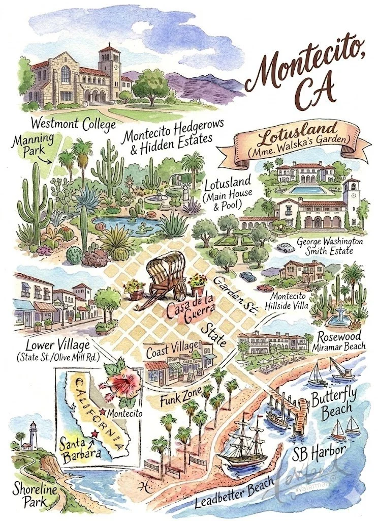 Illustrated map of Montecito, California featuring landmarks like Westmont College, Lotusland estate with gardens, George Washington Smith estate, Butterfly Beach, Leadbetter Beach, Santa Barbara, and Shoreline Park, with decorative elements like palm trees, cacti, and a wagon.