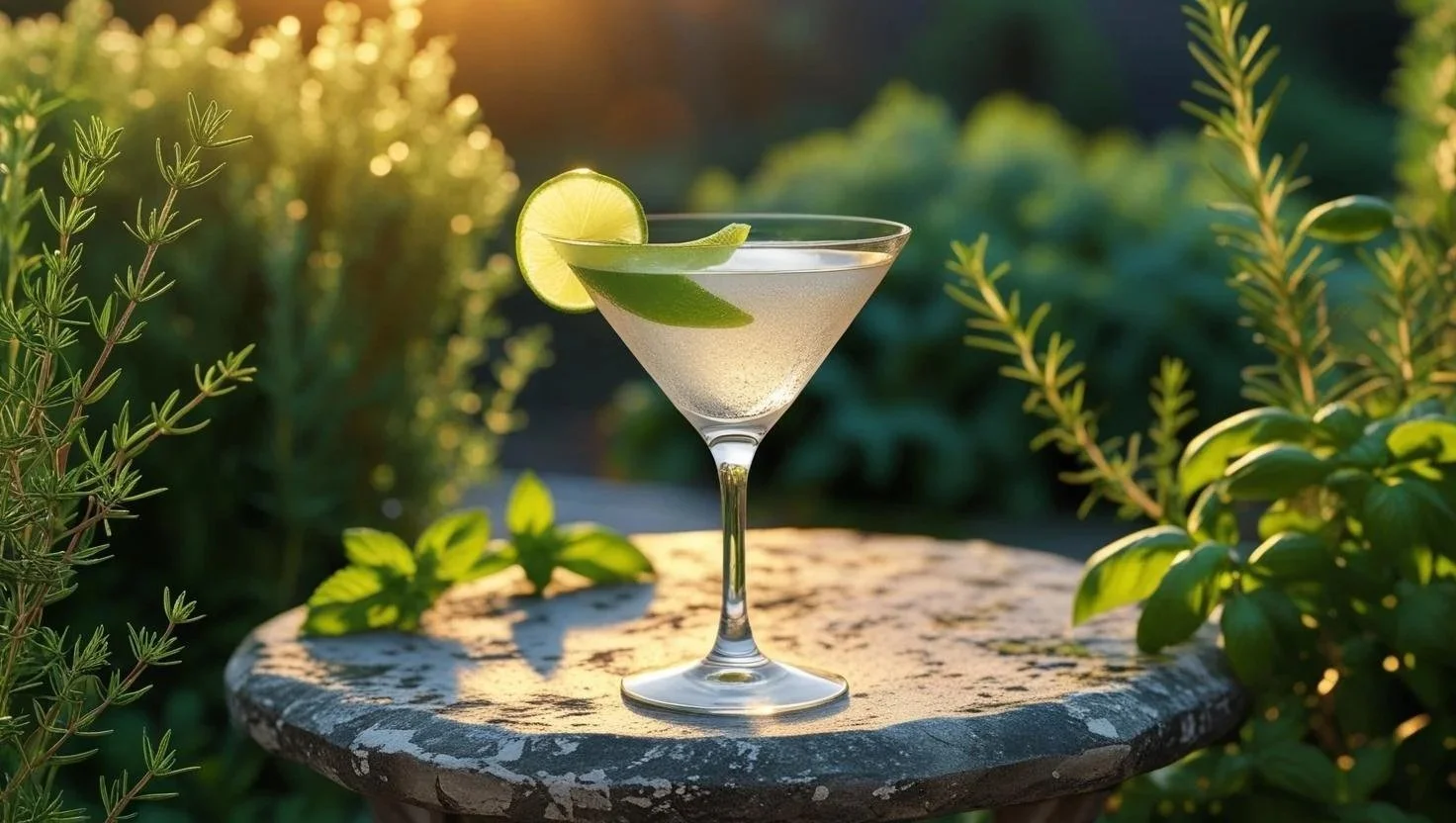 martinie glass in an herb garden as the sun is setting.jpg
