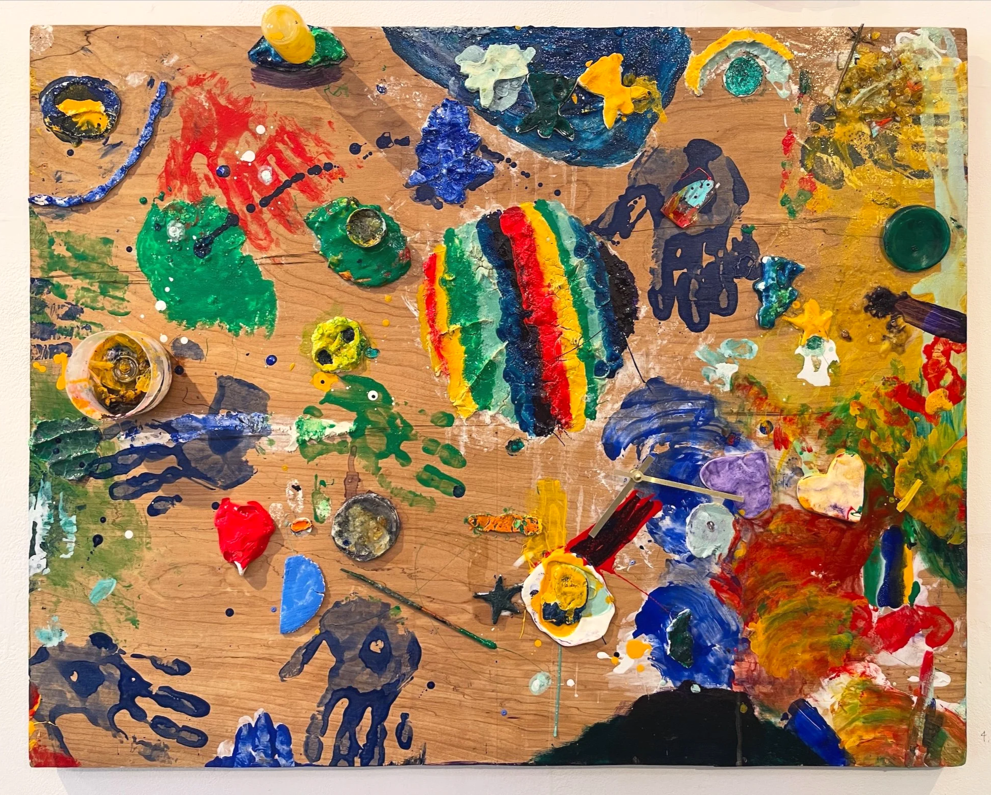 "What I do", 2025, 29 3/4" x 37 1/2", Oil, acrylic resin, varnish, resin, clay, glass, plastic, clock and other objects on wood