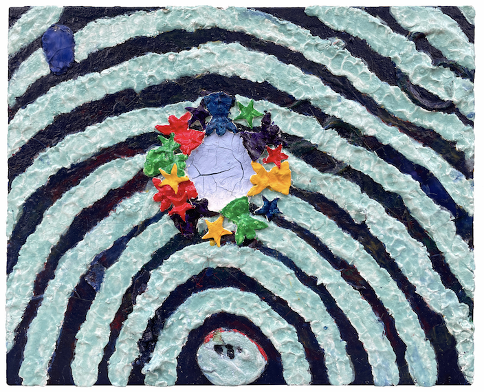 Walking around Target, 2024, 22"x28", Acrylic resin, oil, clay, shells, and plexiglass on wood