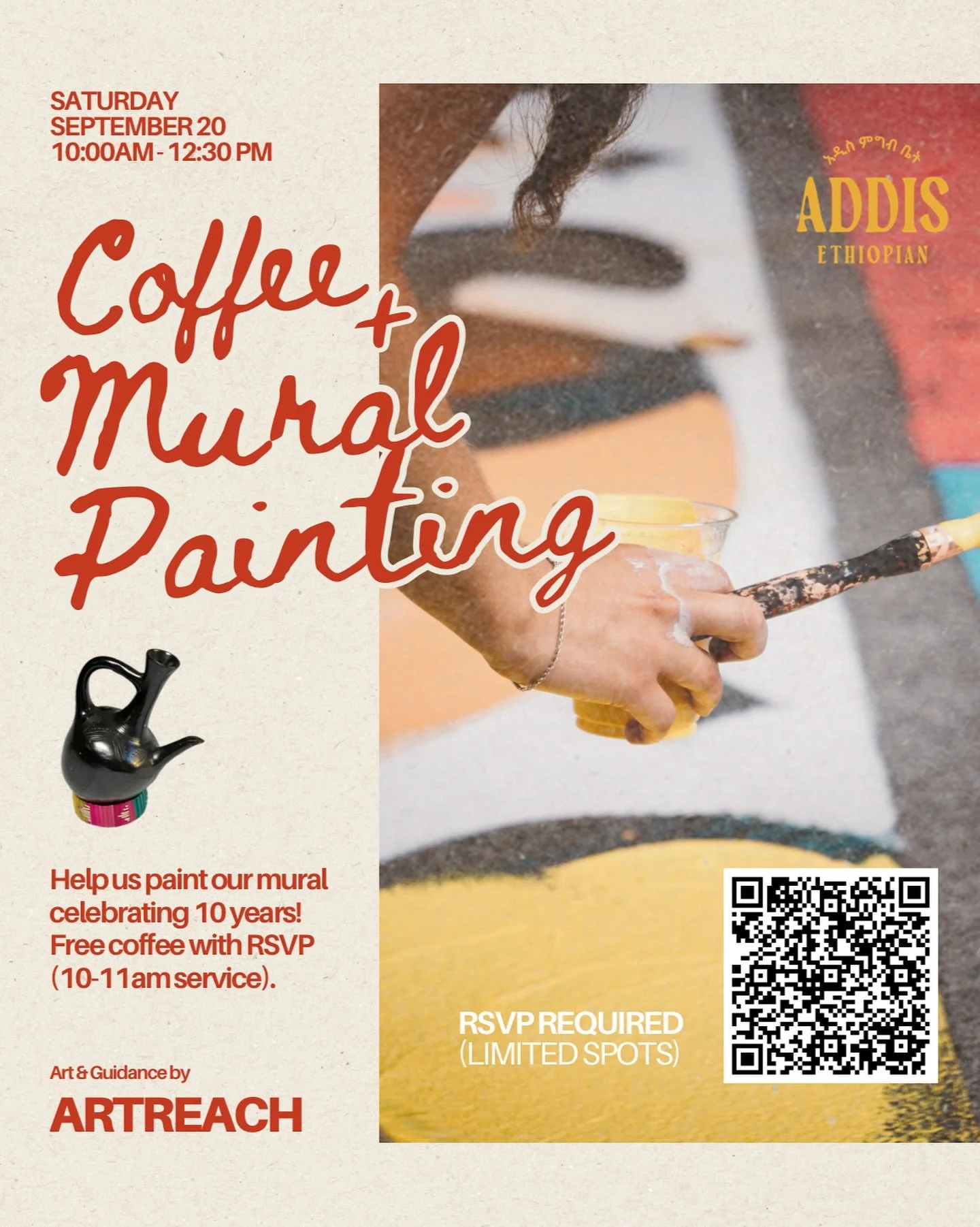 🎨✨ Celebrate with us! Join our Coffee + Mural Painting event✨🎨

Help us paint our mural celebrating 10-years of Addis with art + guidance by ArtReach 💛 

Enjoy FREE Ethiopian coffee with RSVP (10&ndash;11am service). Spots are limited &mdash; don&