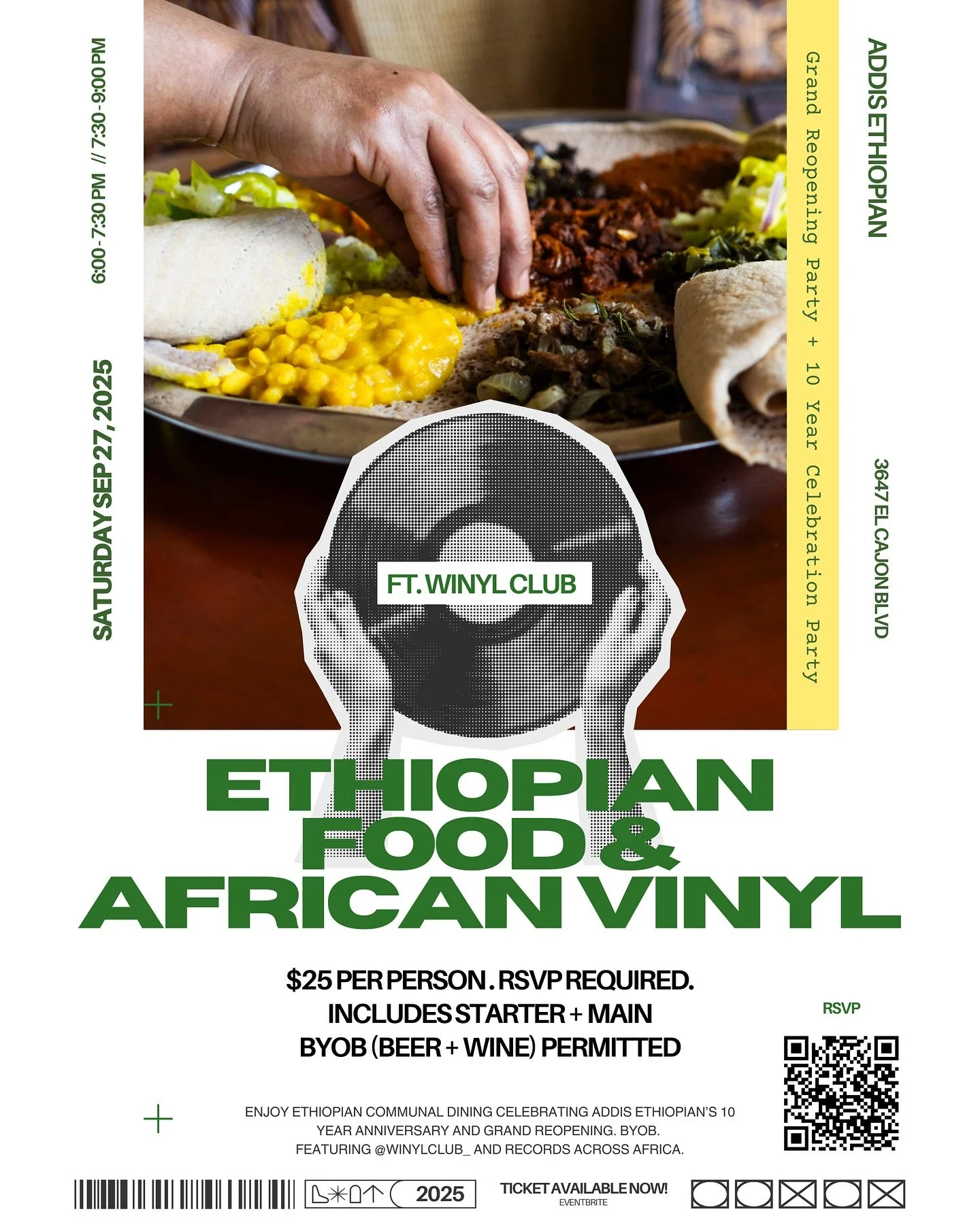🌿🎵A Night of Flavor &amp; Music!💿🌿 

Join us as we celebrate Addis Ethiopian&rsquo;s Grand Reopening + 10 Year Anniversary with an evening of shared food, music, and community 🎊🍽️🎶

✨ Communal Ethiopian feast
✨ @Winylclub_ spinning African rec