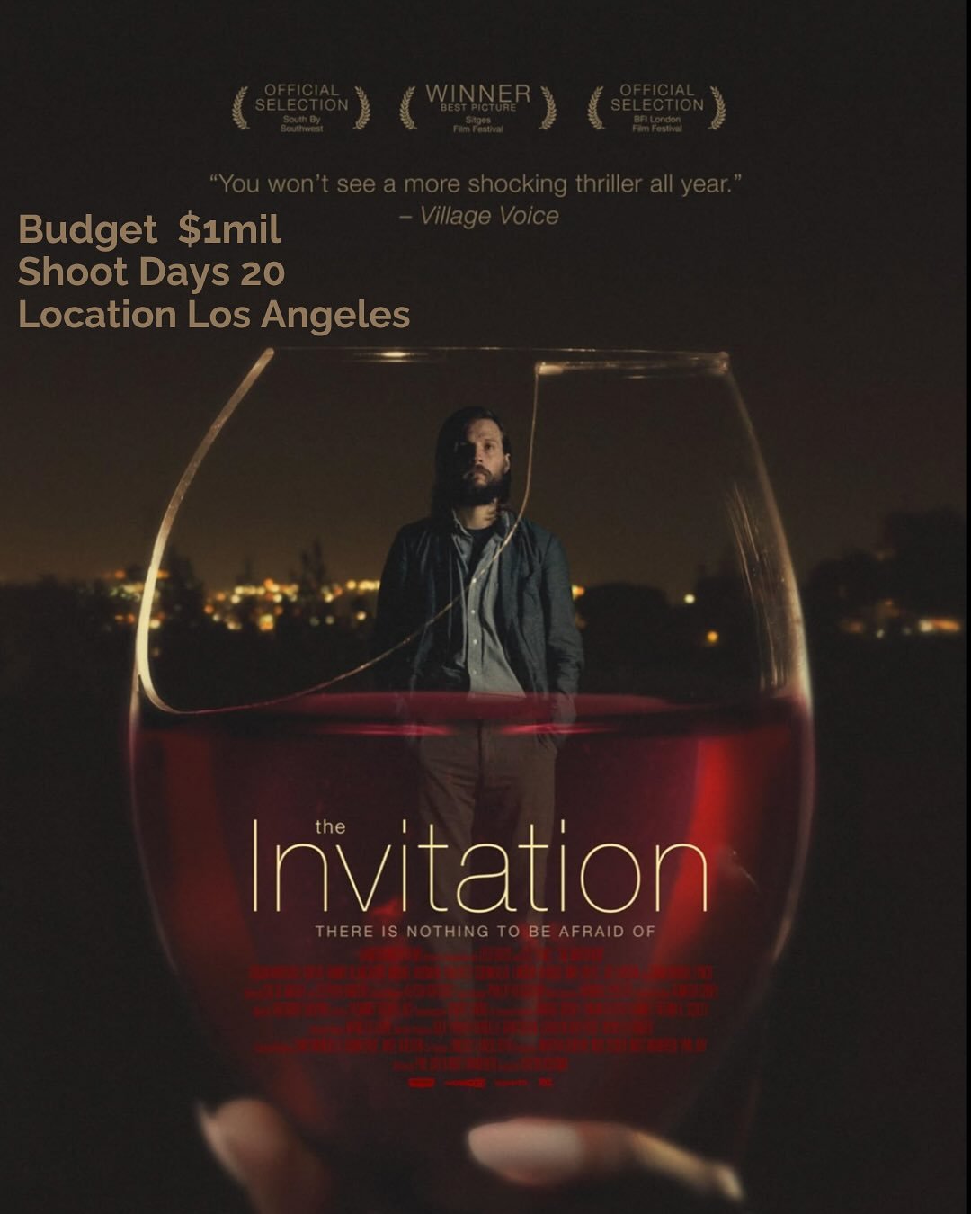 Budget $1 mil
Shoot Days 20
Location Los Angeles (Hollywood Hills)
Year 2014 (June)

👇for how it started
-> swipe for the facts

Karyn Kusama returned to independent filmmaking with &ldquo;The Invitation,&rdquo; her first indie feature since her 