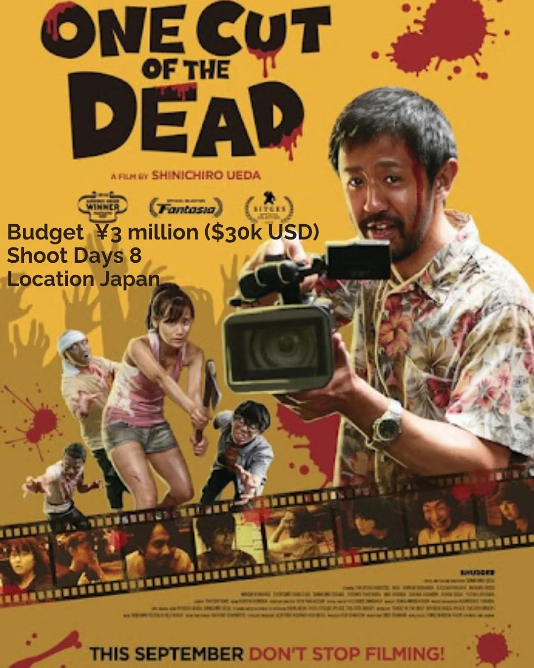 Budget &yen;3 million ($30k)
Shoot Days 8 days
Location Japan (Mito, Ibaraki, Japan)
Year 2017 (June 21-July 1)

👇for how it started
-> swipe for the facts

Shin&rsquo;ichir&ocirc; Ueda (director/writer/editor) had shot seven shorts before &ldquo
