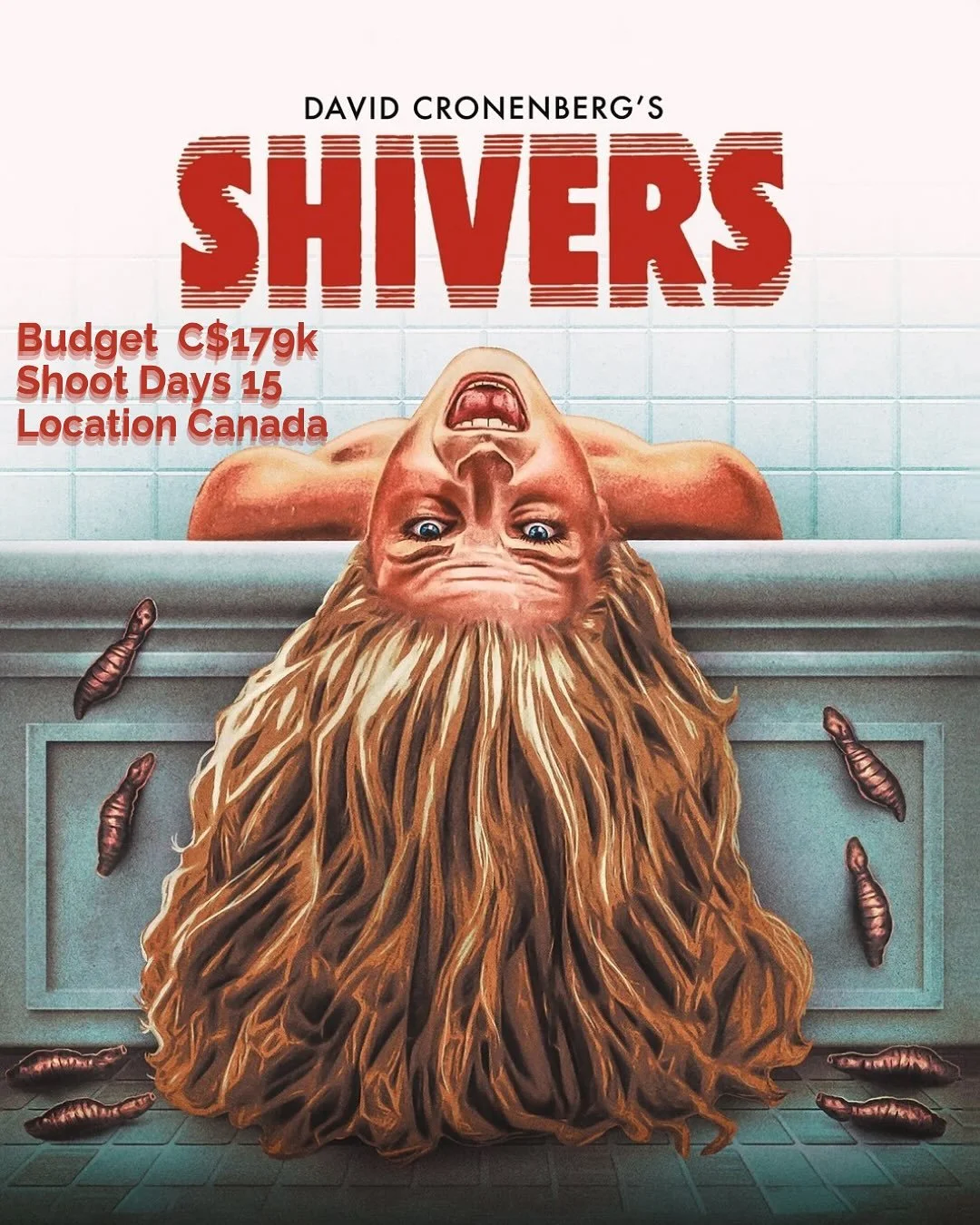 Budget CAD $179k (US $186k)
Shoot Days 15 (+2 pick up days)
Location Montr&eacute;al, Qu&eacute;bec, Canada (Nun&rsquo;s Island)
Year 1974 (8/21 - 9/17)

👇for how it started
-> swipe for the facts

&ldquo;Shivers&rdquo; went through several title
