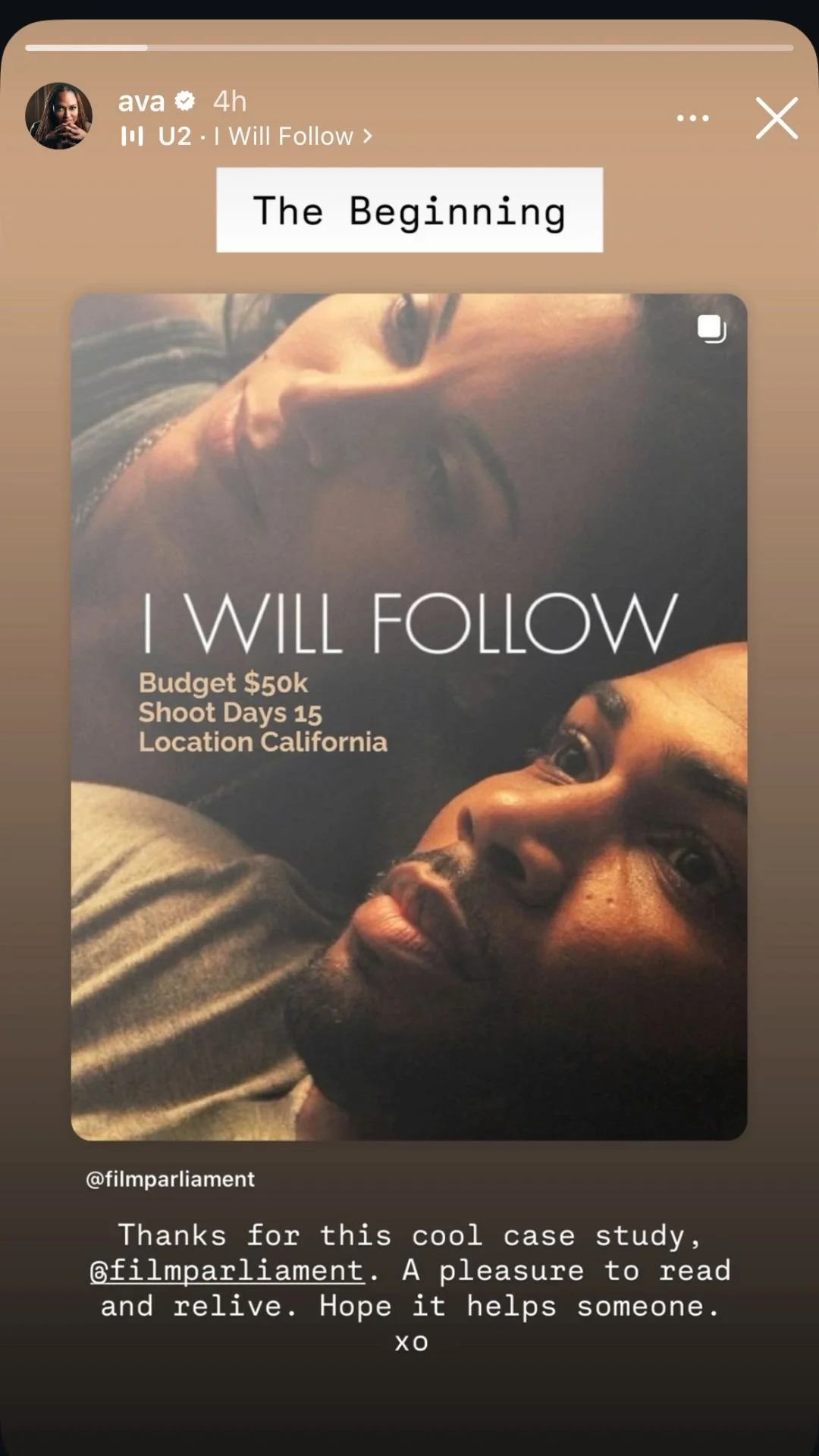 Poster of film I Will Follow with Ava Duverney shouting it out on her instagram story.