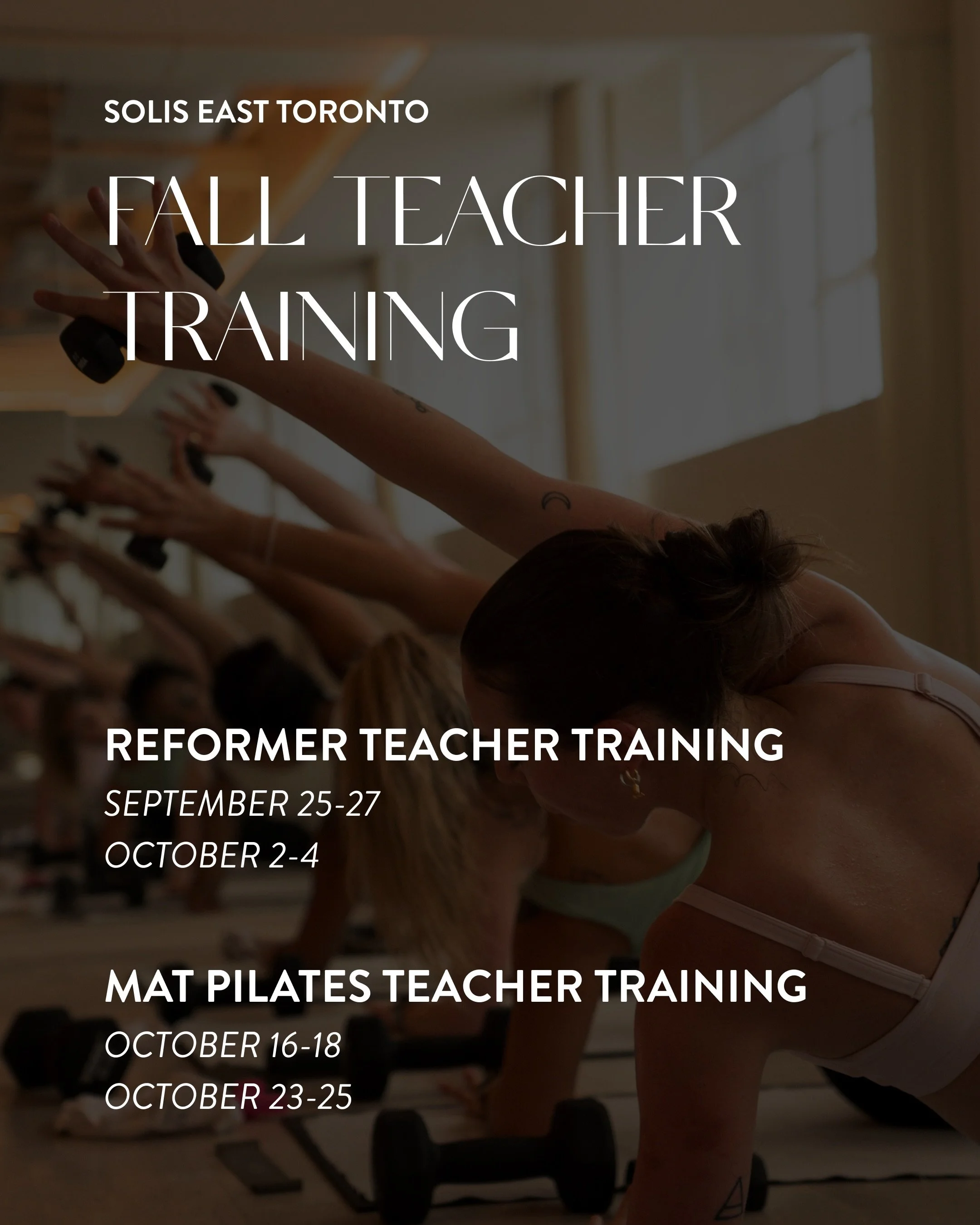 Your sign to stop thinking about it and start teaching.

Solis&rsquo; Fall Teacher Trainings are coming up, and a few spots are still available in both Reformer and Mat.

Sign up now.