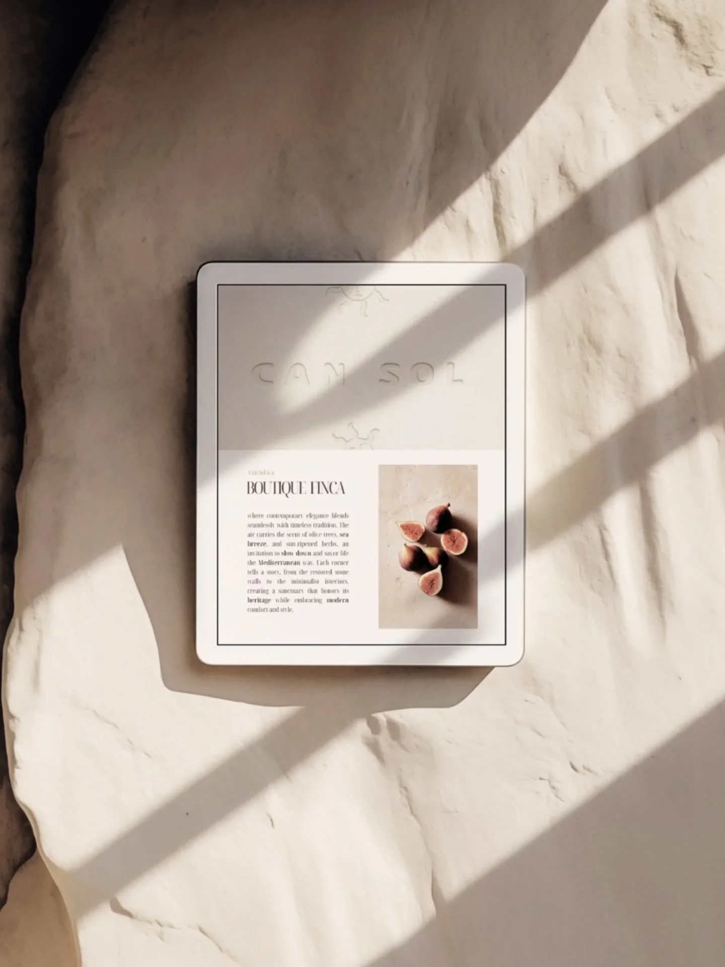 A recently explored studio concept, Can Sol. An imagined Mediterranean retreat, quietly nestled between olive groves and the ocean. 

Textures in the title, off-white cut into off-white as if crafted by hand. Sunwashed, tactile and quietly welcoming.