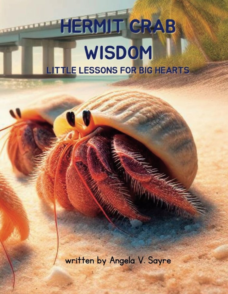 Book cover of Hermit Crab Wisdom: Little Lessons for Big Hearts by Angela V. Sayre, showing two hermit crabs in the sand