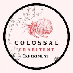 A circular logo featuring a red crab illustration at the top, with the text 'COLOSSAL CRABIENT EXPERIMENT' in black and red font, and decorative line art of lightbulbs and circles around the border.