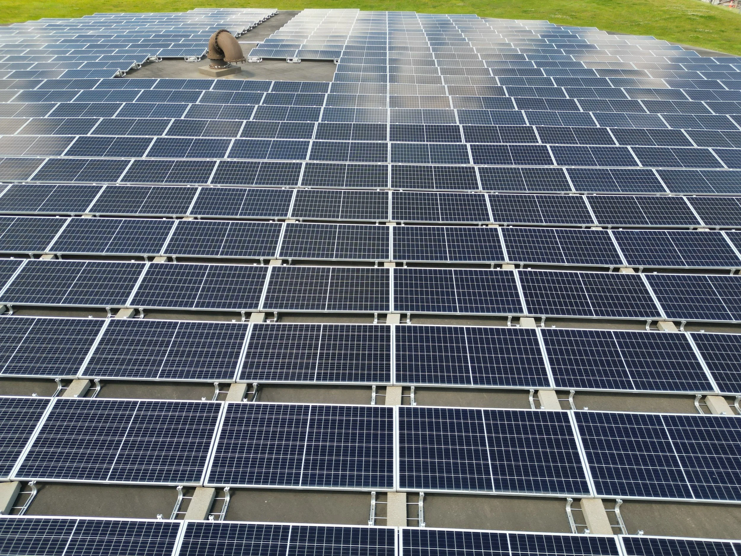 Large solar panel array installed in an open green field on a sunny day, representing renewable energy generation and solar system performance.