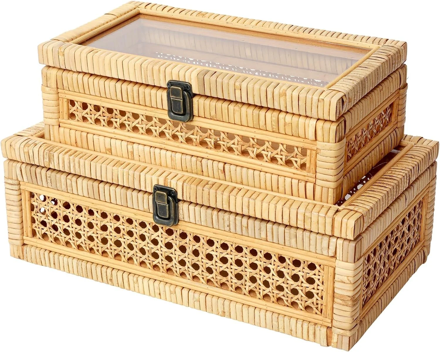 Rattan and Cane Stacking Boxes with Glass Top Lid