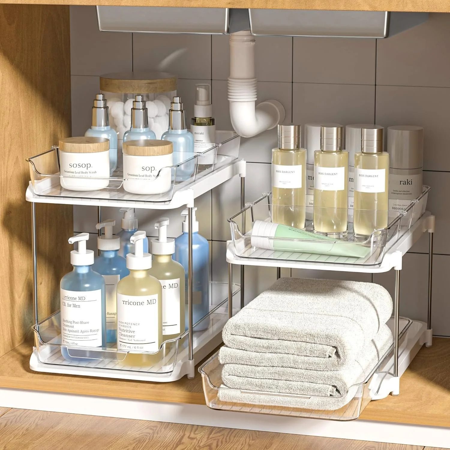  Multi-Purpose Bathroom Under Sink Organizers and Storage, Stackable Kitchen Pantry Organization, Pull Out Medicine Cabinet Organizer 