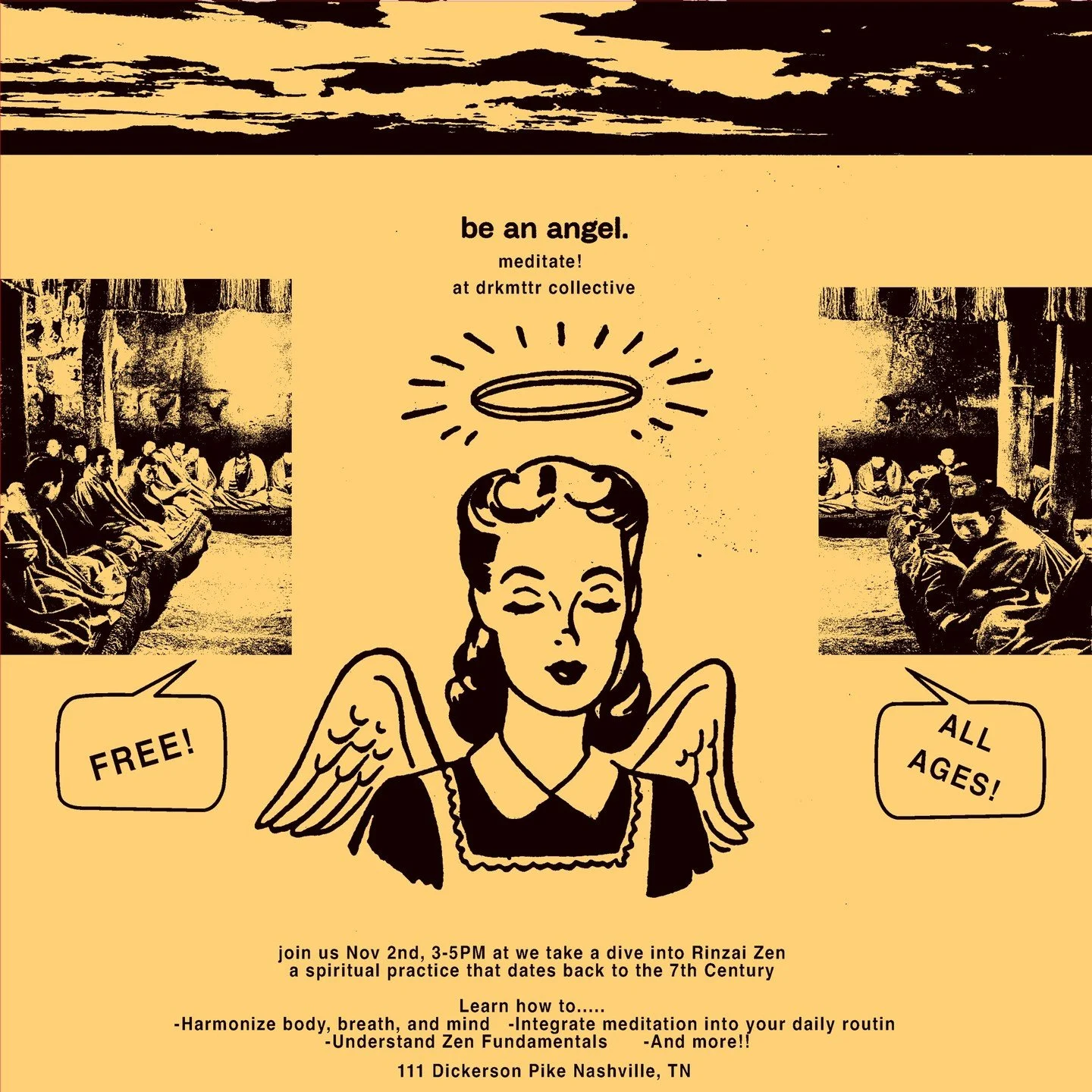 🚨NRZ is back in action! Our angelic friends over at @drkmttrcollective, 1111 Dickerson Pike, are hosting us this Saturday, 11/2, from 3 - 5 PM for a workshop to explore the Zen tradition. 
We'll look at foundational aspects of the practice like pos