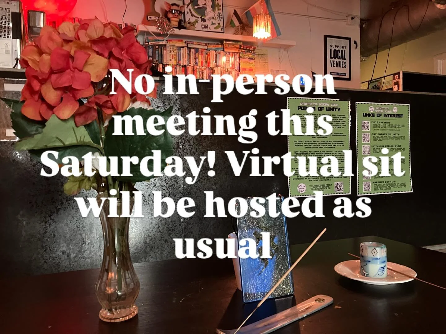 We&rsquo;ll be forgoing our usual sit at @drkmttrcollective  this Saturday in favor of online-only due to the winter storm expected to hit Nashville over the weekend. Please see our bio for a link to the google meet- hope to see your smiling digitall
