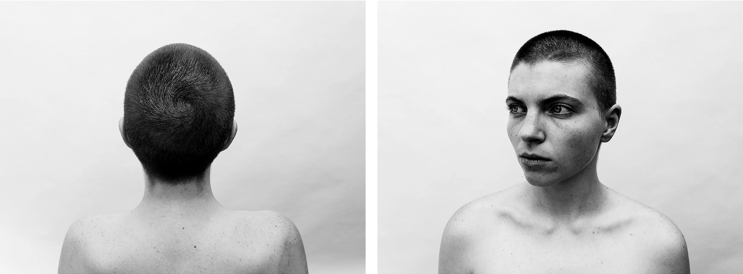 Parker J Pfister Black and White Fine Art Portraits of the back and front of a white person with no top and with short hair looking away from the camera