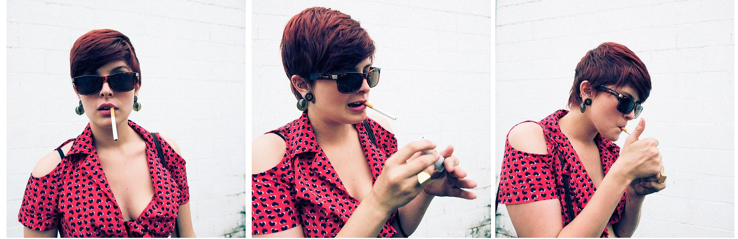 Parker J Pfister Fine Art Portrait series of three images of the same woman in the process of lighting a cigarette. 