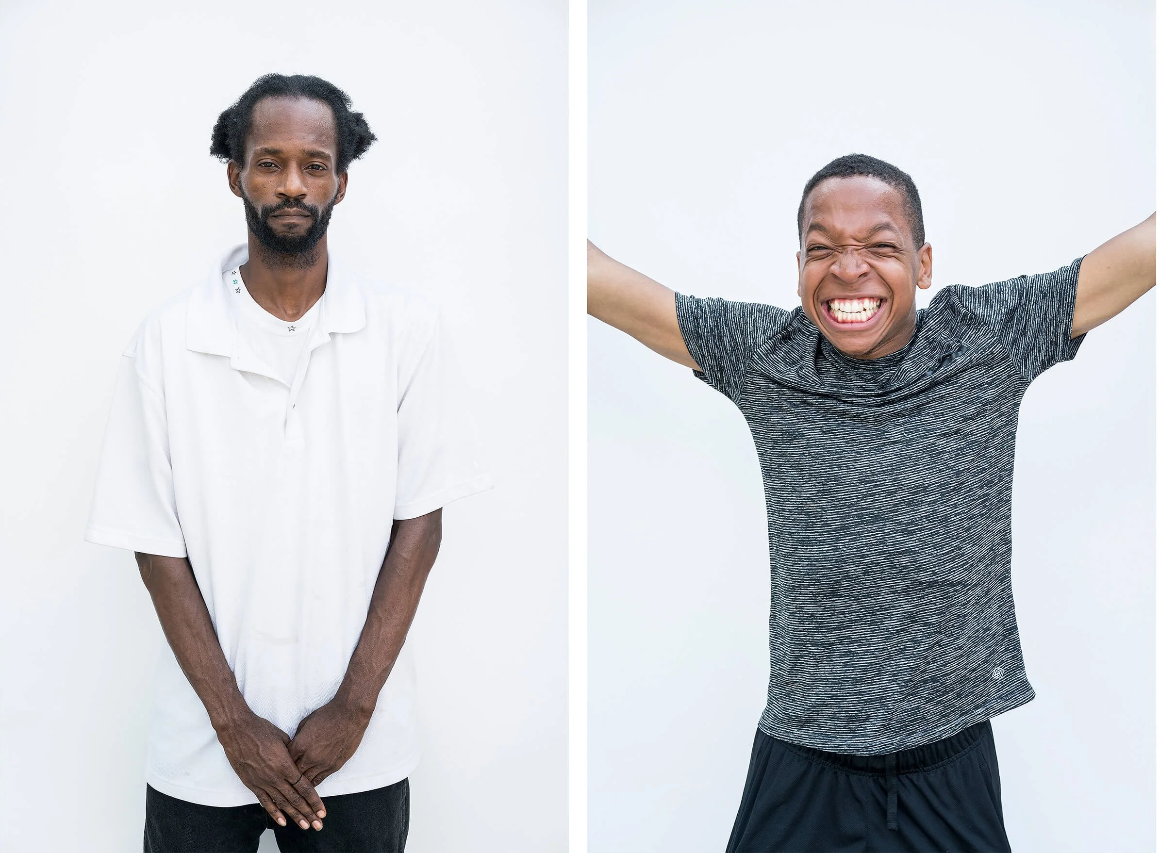Parker J Pfister Fine Art Portrait of two images of a black man looking stoically at the camera and a young black boy smiling happily at the camera. 