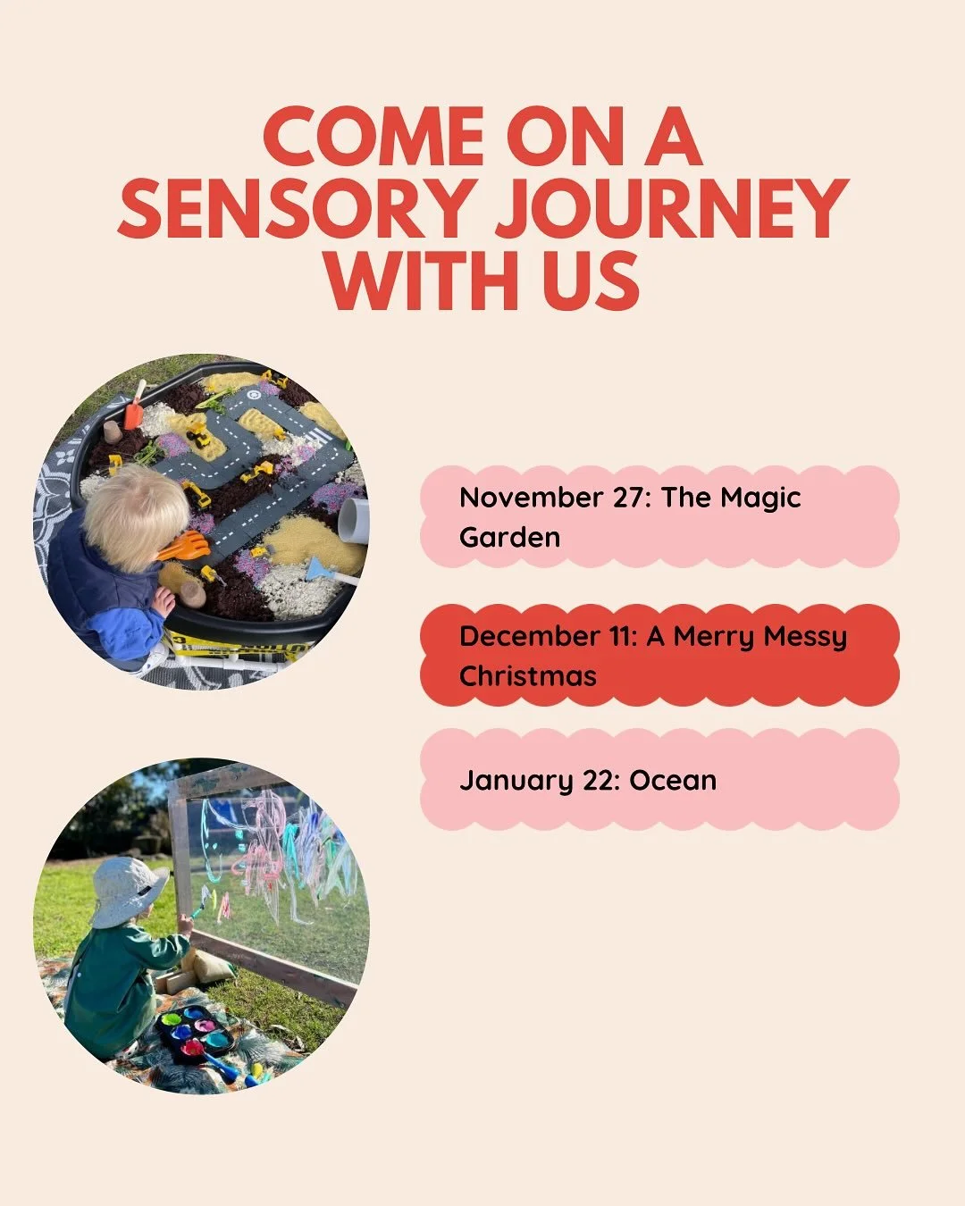 ✨ Come on a Sensory Journey with Us! ✨

Join us for our final messy play sessions of the year (and our first one back in January!) Each theme is packed with colour, creativity and plenty of sensory fun for your little ones to explore.

🌸 Nov 27 &nda