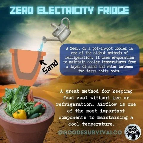 A zeer pot uses evaporation to keep items cool. No electricity was needed for this centuries old refrigeration method. It&rsquo;s simple design can help you store your harvest in warmer temperatures.

&bull;
&bull;
&bull;
&bull;
&bull;

#campingvibes