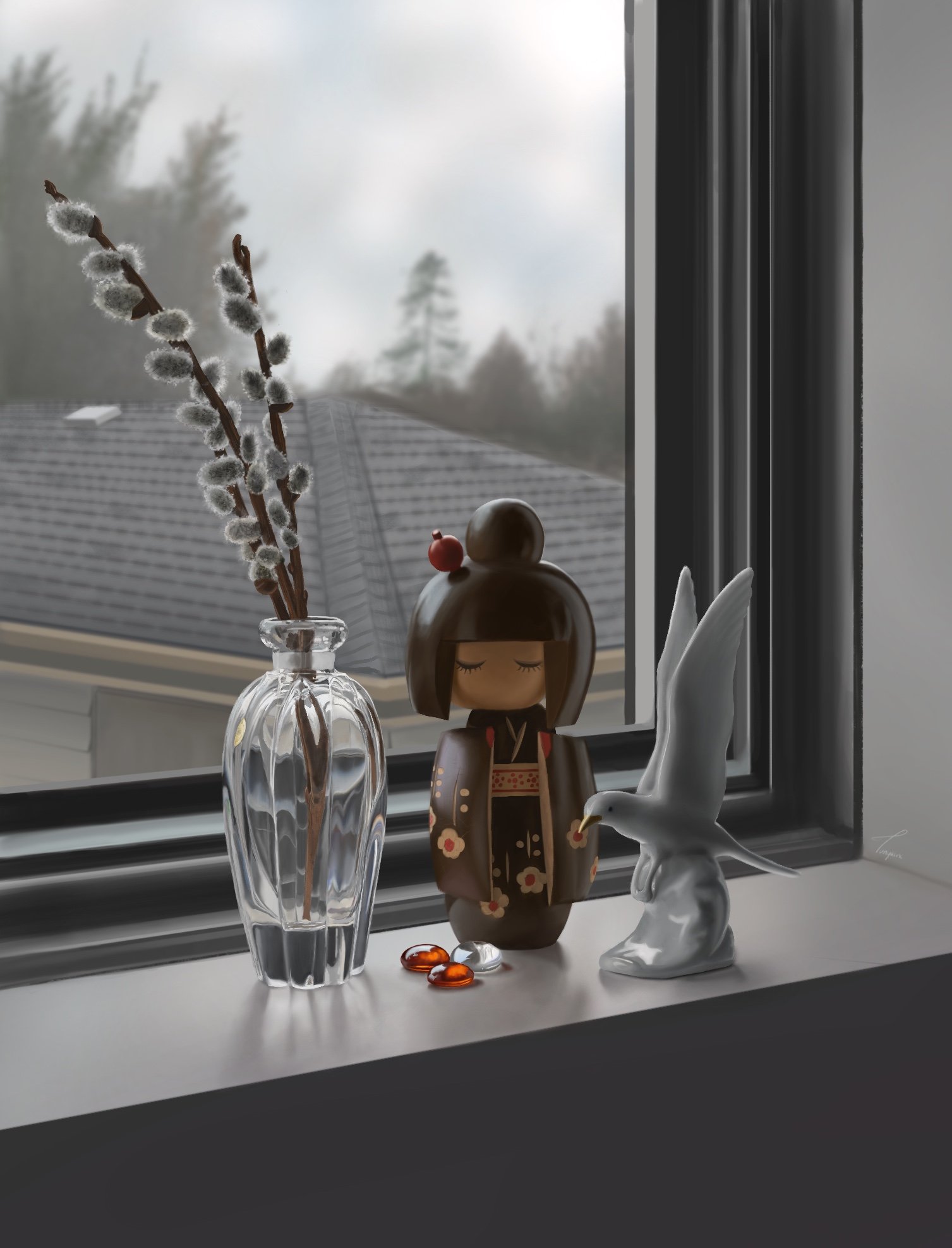Decorative items on a windowsill include a clear glass vase with pussy willow branches, a doll wearing traditional Japanese attire, a porcelain bird figurine, and scattered stones, with a cloudy sky and rooftops visible outside.
