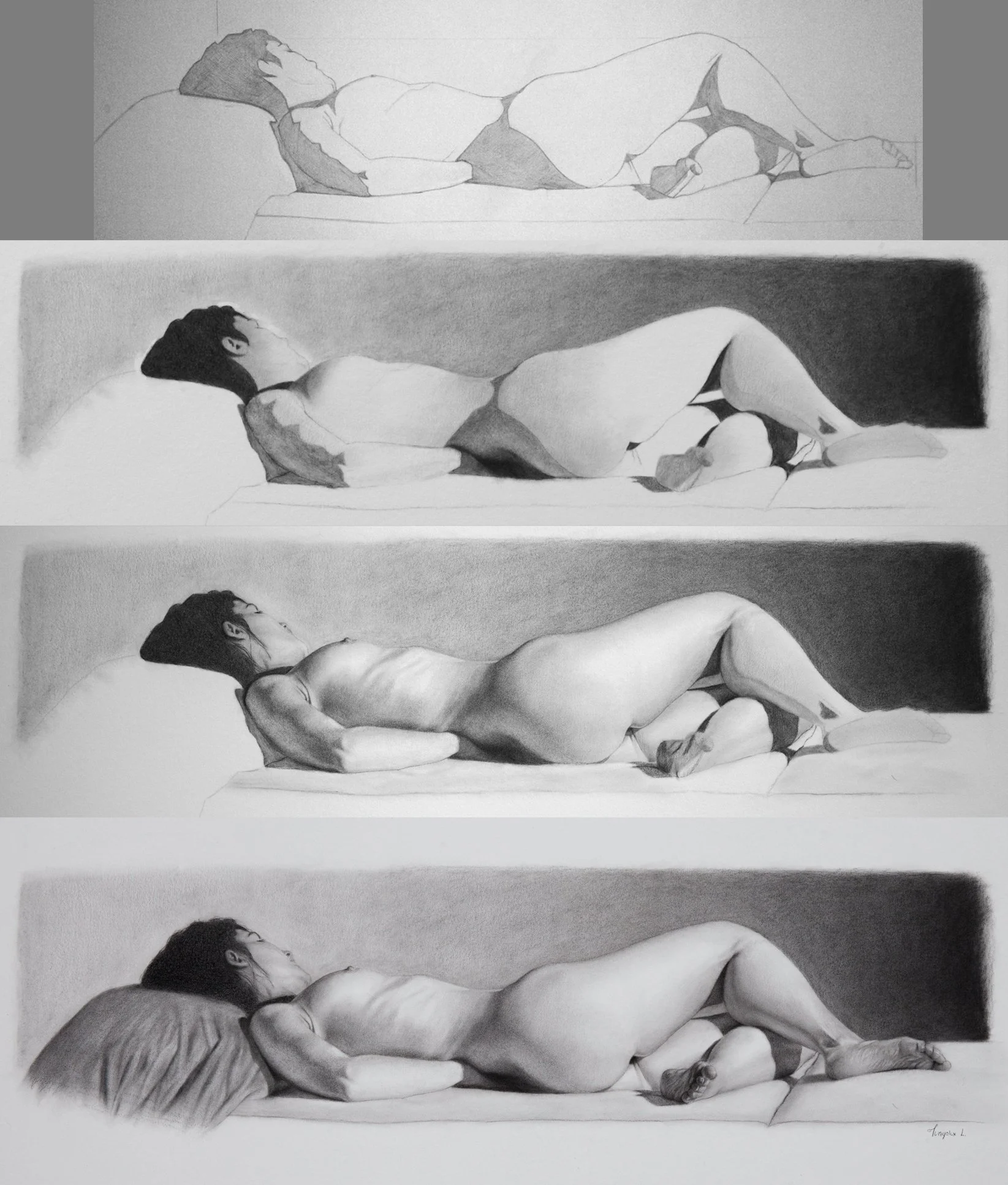A four-panel pencil drawing of a reclining woman, with each panel showing a different stage of shading and detail, progressing from rough outline to highly detailed and realistic depiction.