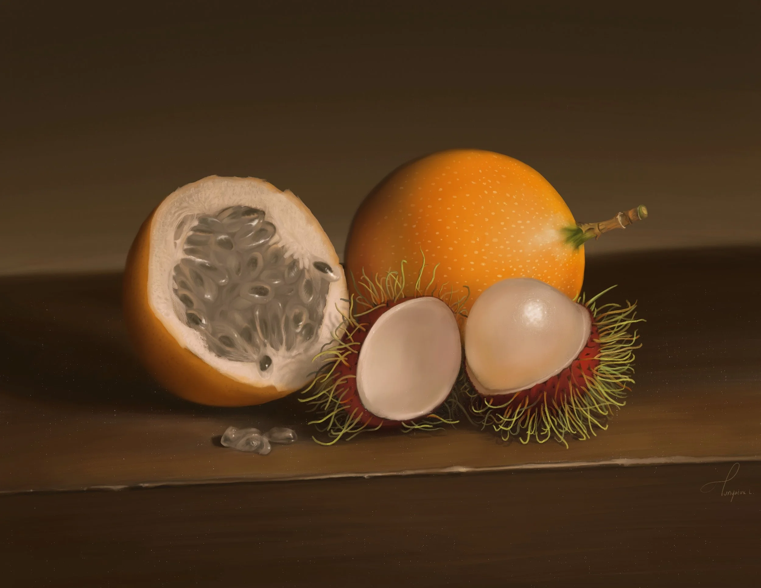 A still life composition of tropical fruits including a half passion fruit with seeds, a whole passion fruit, and two lychee fruits on a wooden surface.