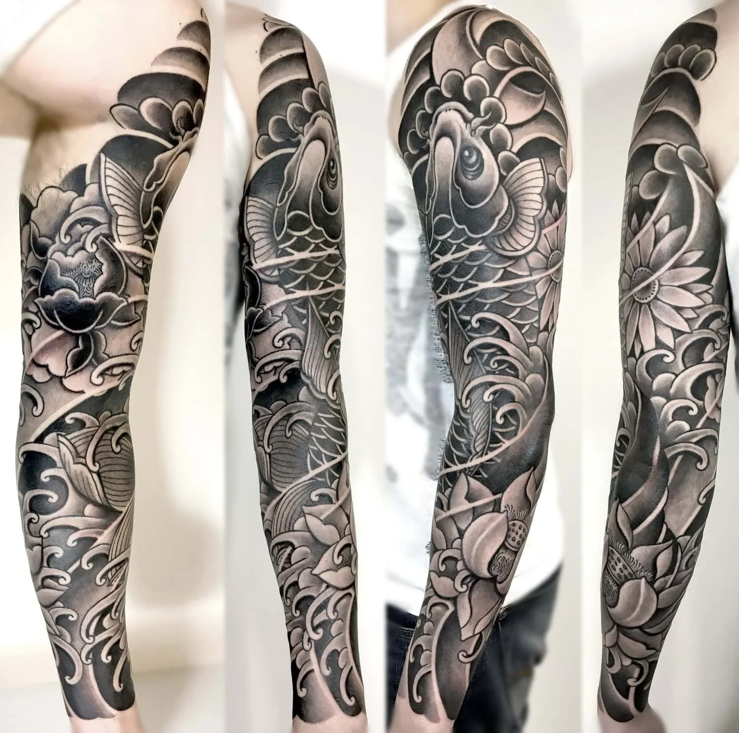 Black and grey koi tattoo sleeve