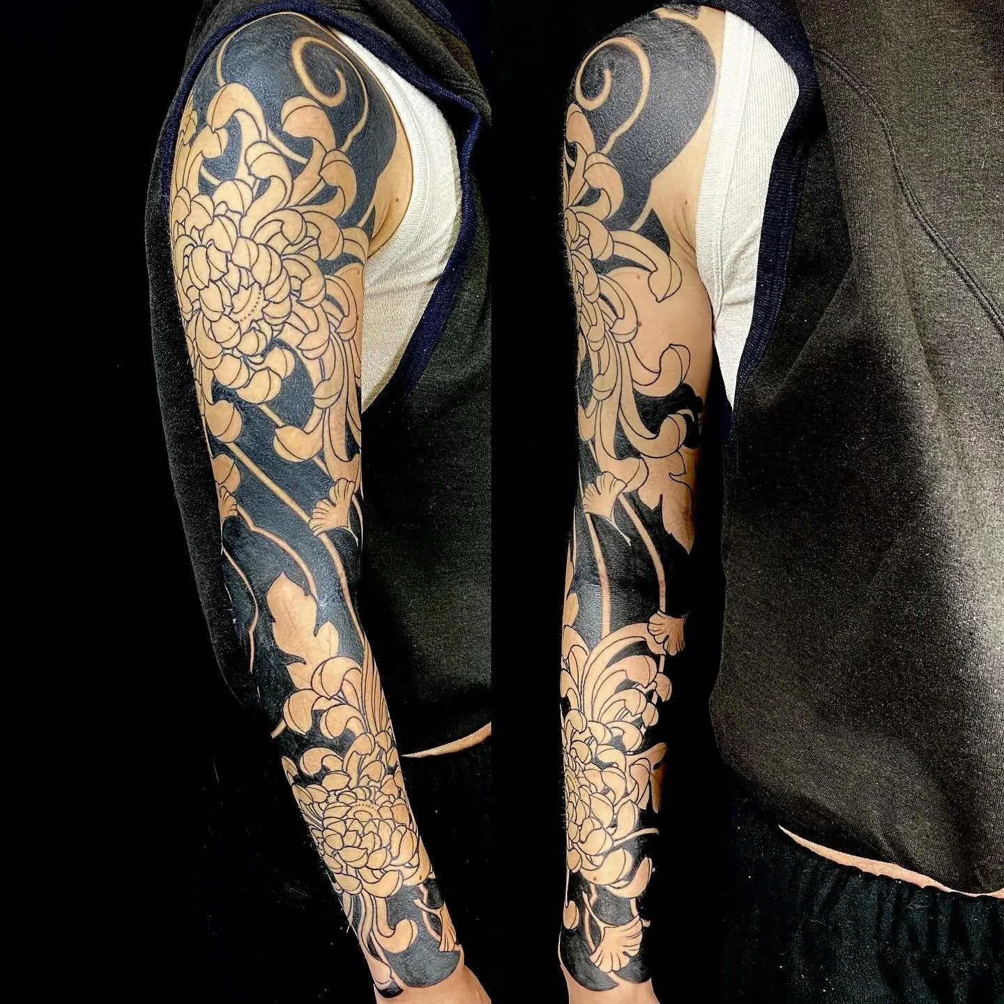 Heavy black background in the Japanese chrysanthemum sleeve. Good progress three sessions in.