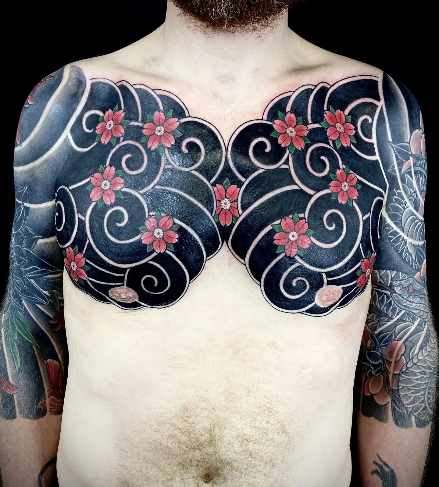 Heavy black background with a few pops of color on this one. The 3/4 sleeves were completed a while back. All done here at my studio in Victoria BC.