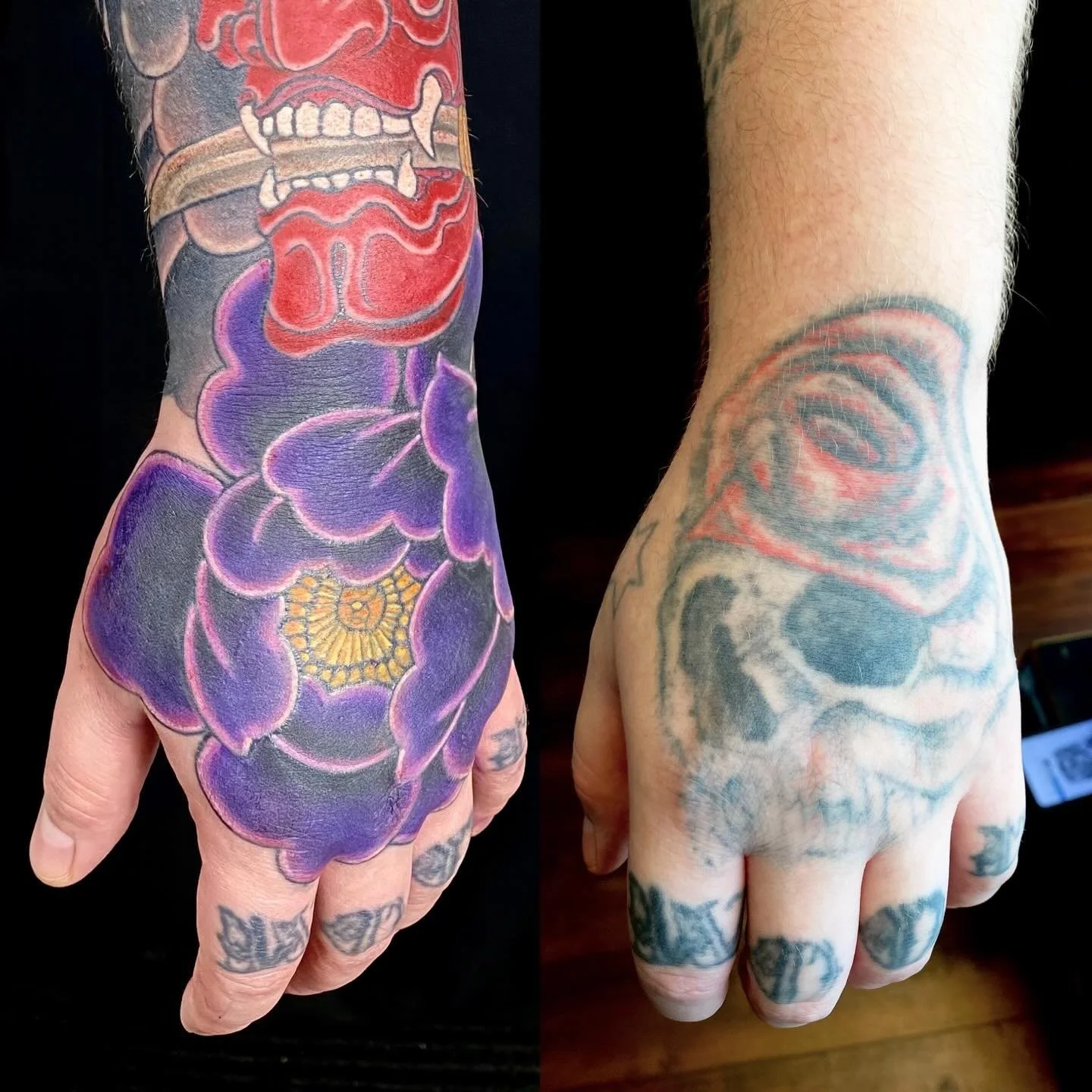 Big time coverup with this one. Two other large sections of coverup to deal with before this sleeve/hand combo is complete.  Happy with the results so far. It&rsquo;s satisfying seeing where we started to where we&rsquo;re at now.