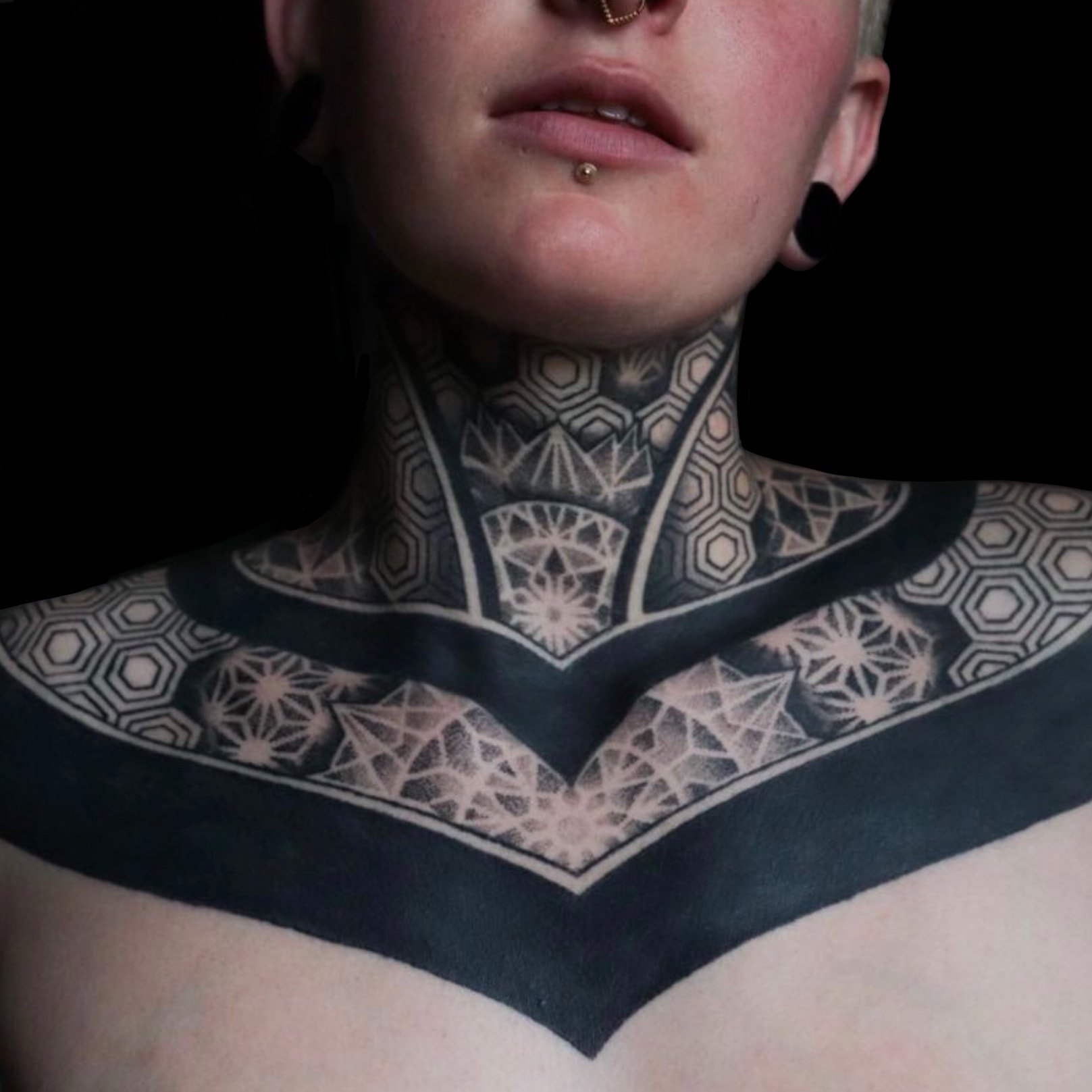 Blackwork & Geometric Throat Tattoo - Created by Cohen Floch at Paradigm Tattoo in Victoria BC - Mandalas and Dotwork