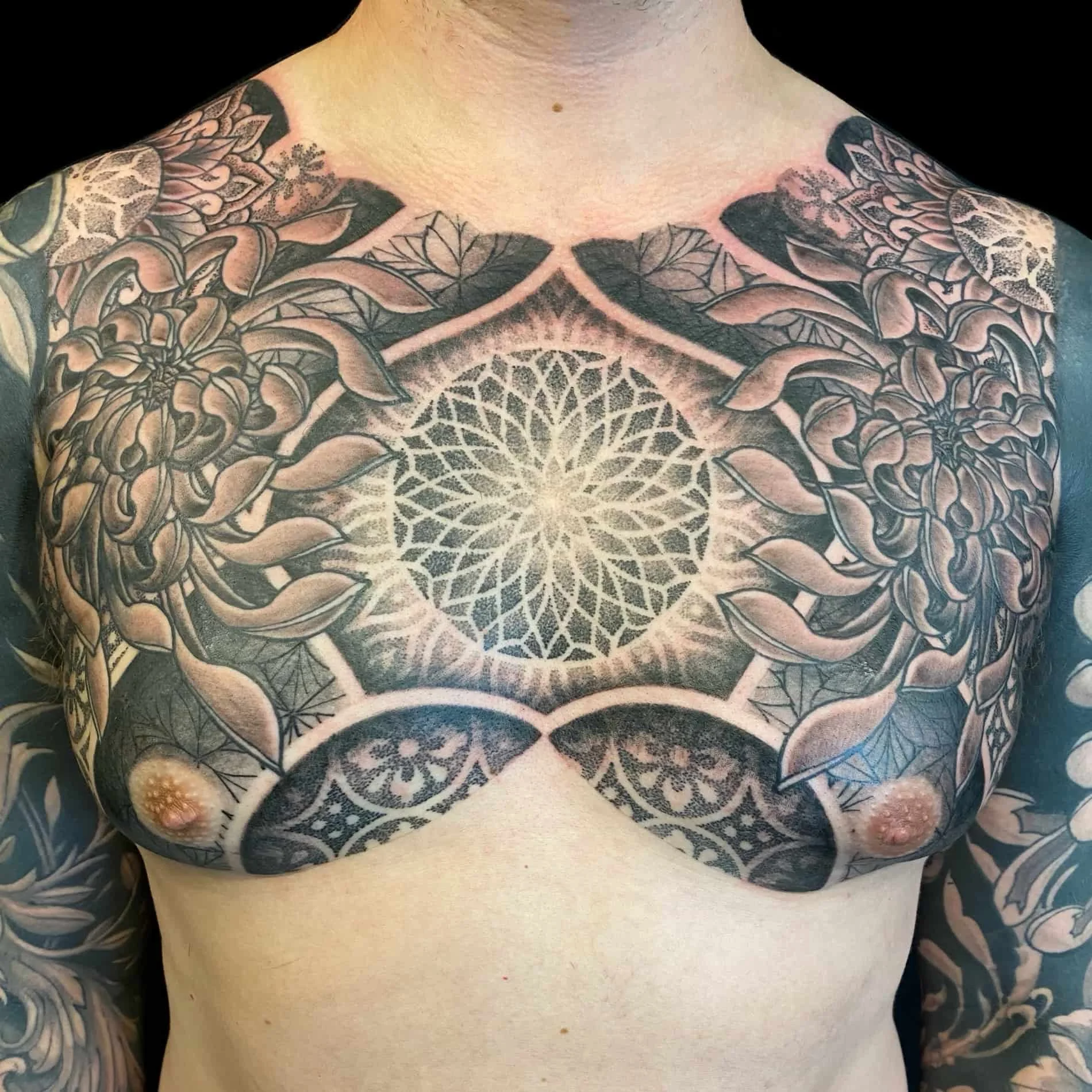 Ornamental Dotwork Chest Tattoo - Mandalas and Flowers