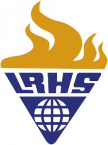 School logo with orange flame, purple globe, and initials LHS in purple.