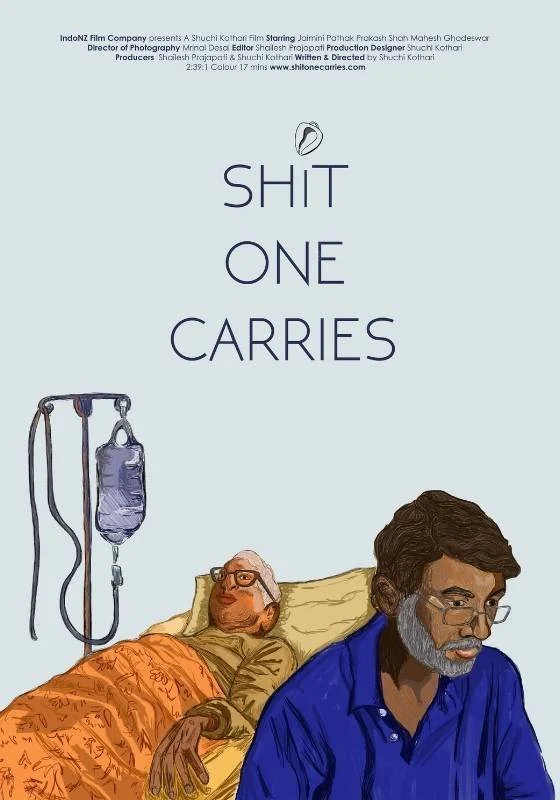 A cartoon-style illustration of two men; one older man lying in a hospital bed with an IV drip, and a younger man sitting beside him, looking away with a serious expression. The text above them says, "Shit One Carries." The background is plain light blue.