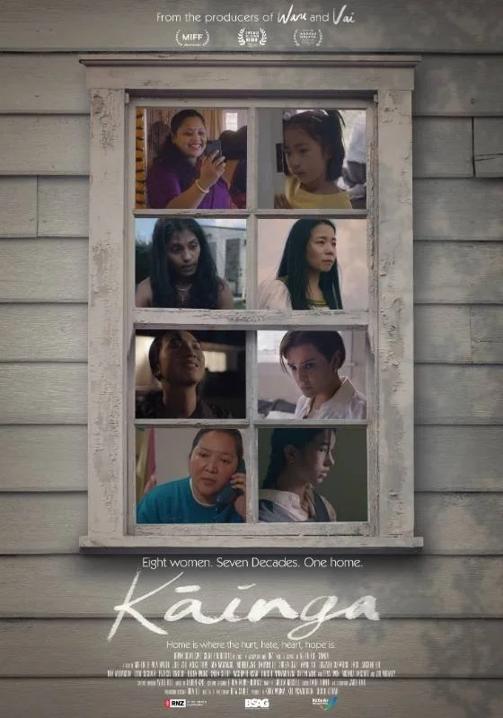 Kainga movie poster. Six women looking out of a wooden window with a weathered frame, arranged in two columns and three rows, each with different expressions. The background is a weathered wooden wall.