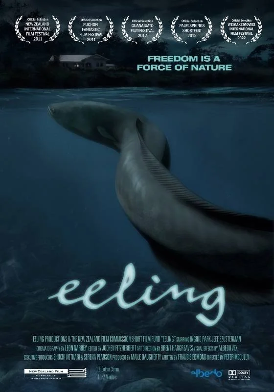Poster for short film 'Eeling'. An eel tail swishes under dark water