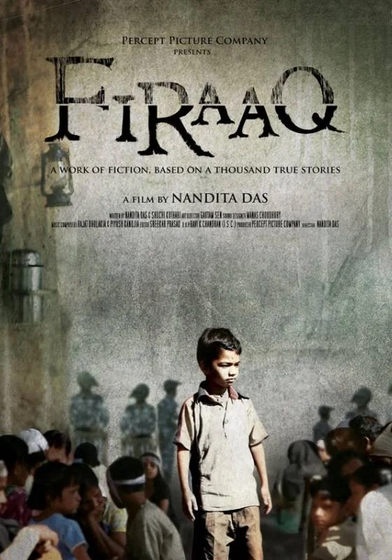 A movie poster for 'Firaaq,' featuring a young boy in a beige shirt standing among seated children and shadows of police officers on a wall.