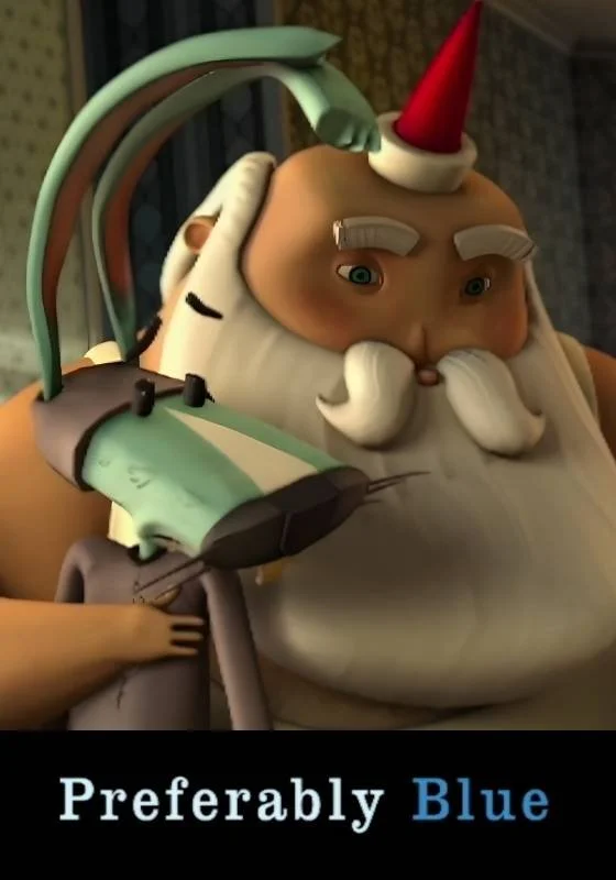 Poster for short film 'Preferably Blue'. Animated Santa Claus wearing a blue Santa hat, arm around a green rabbit,, with a caption that says "Preferably Blue."