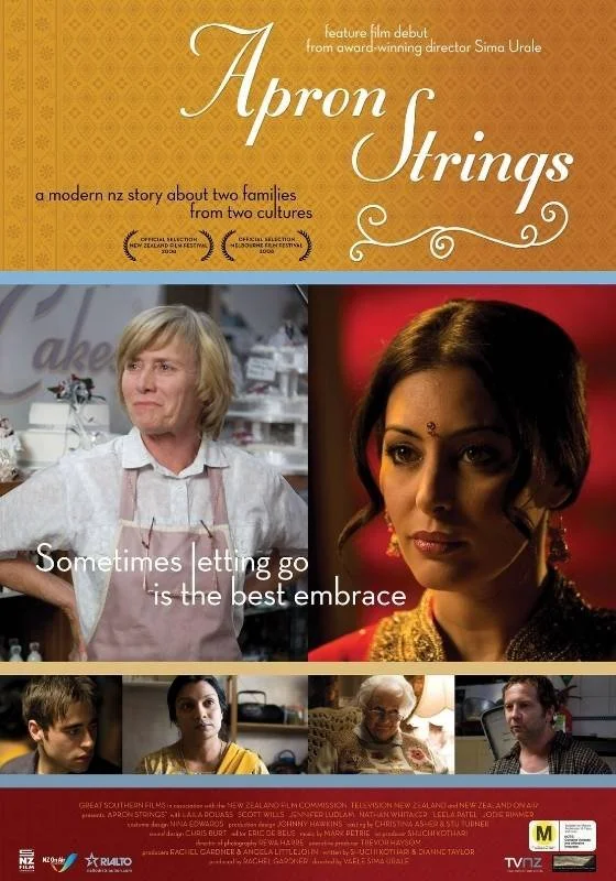 Poster for the film 'Apron Strings' featuring a woman in traditional Indian dress, a woman in a kitchen, and four smaller images of different characters with the tagline 'Sometimes letting go is the best embrace.'