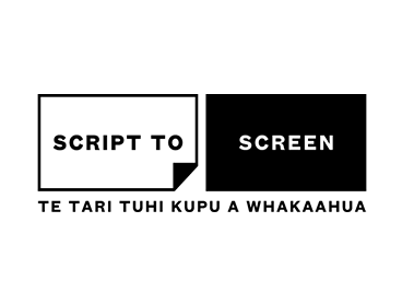 Script to Screen logo with two rectangles; the left says 'SCRIPT TO' and the right says 'SCREEN,' with a tagline in Māori below.