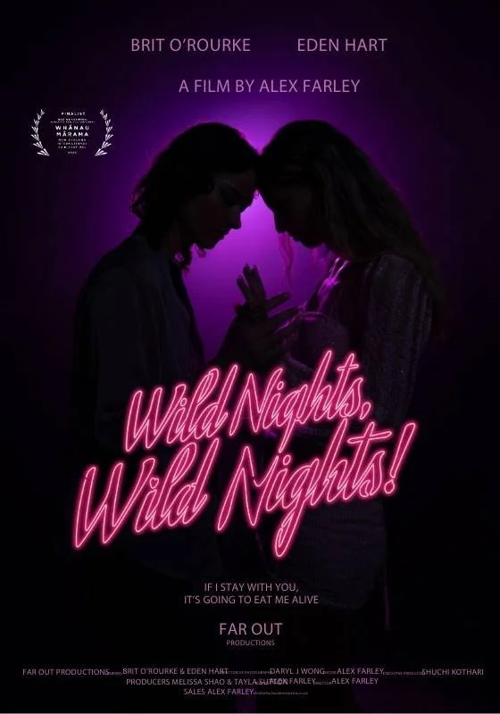 Movie poster for short film 'Wild Nights, Wild Nights!' featuring silhouettes of a woman and a girl with neon pink title text and credits, standing close under a purple glow.