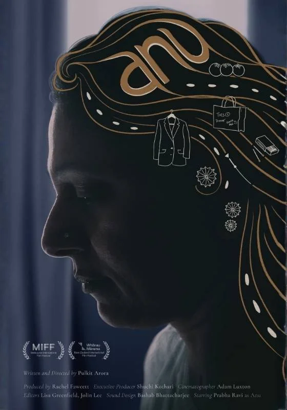 Poster for short film 'Anu'. A silhouette of a woman's face in profile with stylized lines and icons on her hair, including a suit jacket, a briefcase, and abstract geometric shapes, suggesting thoughts or ideas.