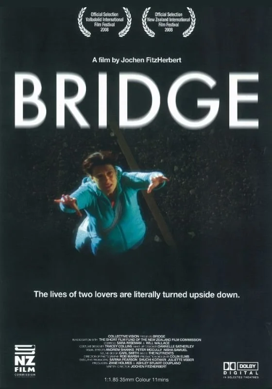 Movie poster for 'Bridge,' directed by Jochen FitzHerbert, featuring a woman in a turquoise jacket looking up against a dark background, with the tagline "The lives of two lovers are literally turned upside down." It highlights film festival awards from Valladolid and New Zealand in 2008 and includes production and cast credits.