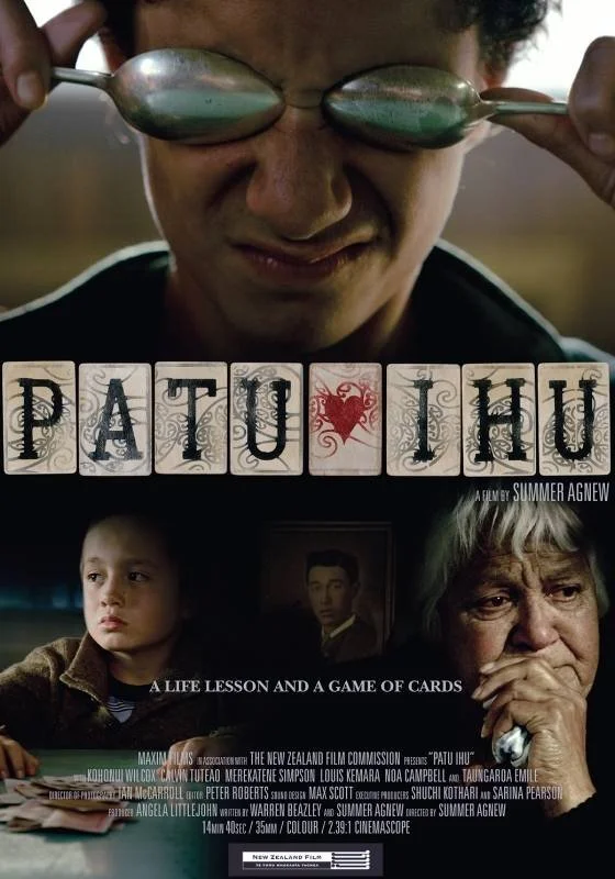 Poster for short film 'Patu Ihu' showing a person with glasses holding two spoons over their eyes, a young boy looking pensive, and an elderly woman looking worried, with all details and text about the film.