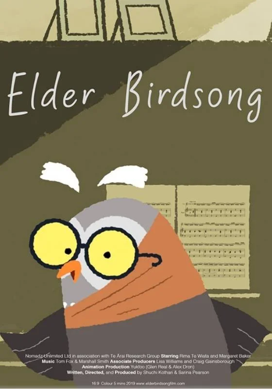 Poster for animated short documentary 'Elder Birdsong'. Illustration of an elder bird singing, wearing glasses, with a background of a music stand and framed pictures, promoting the story 'Elder Birdsong'.